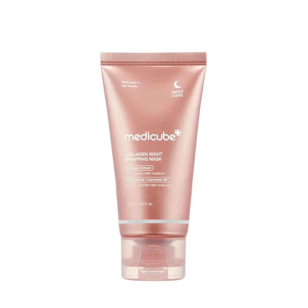 Pink tube of Medicube collagen night mask on a white background