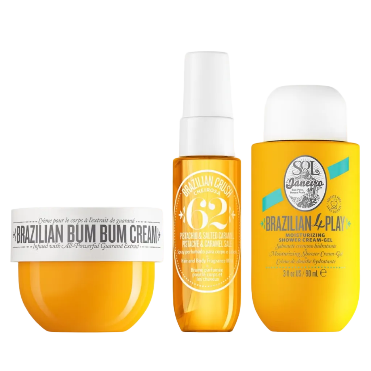 Three hair care products from Sol de Janeiro shown on a clean white background: a jar of Brazilian Bum Bum Cream, a small spray bottle labeled 6+ Hair, and a larger yellow bottle of Brazilian 4-Play Hair Growth Serum.