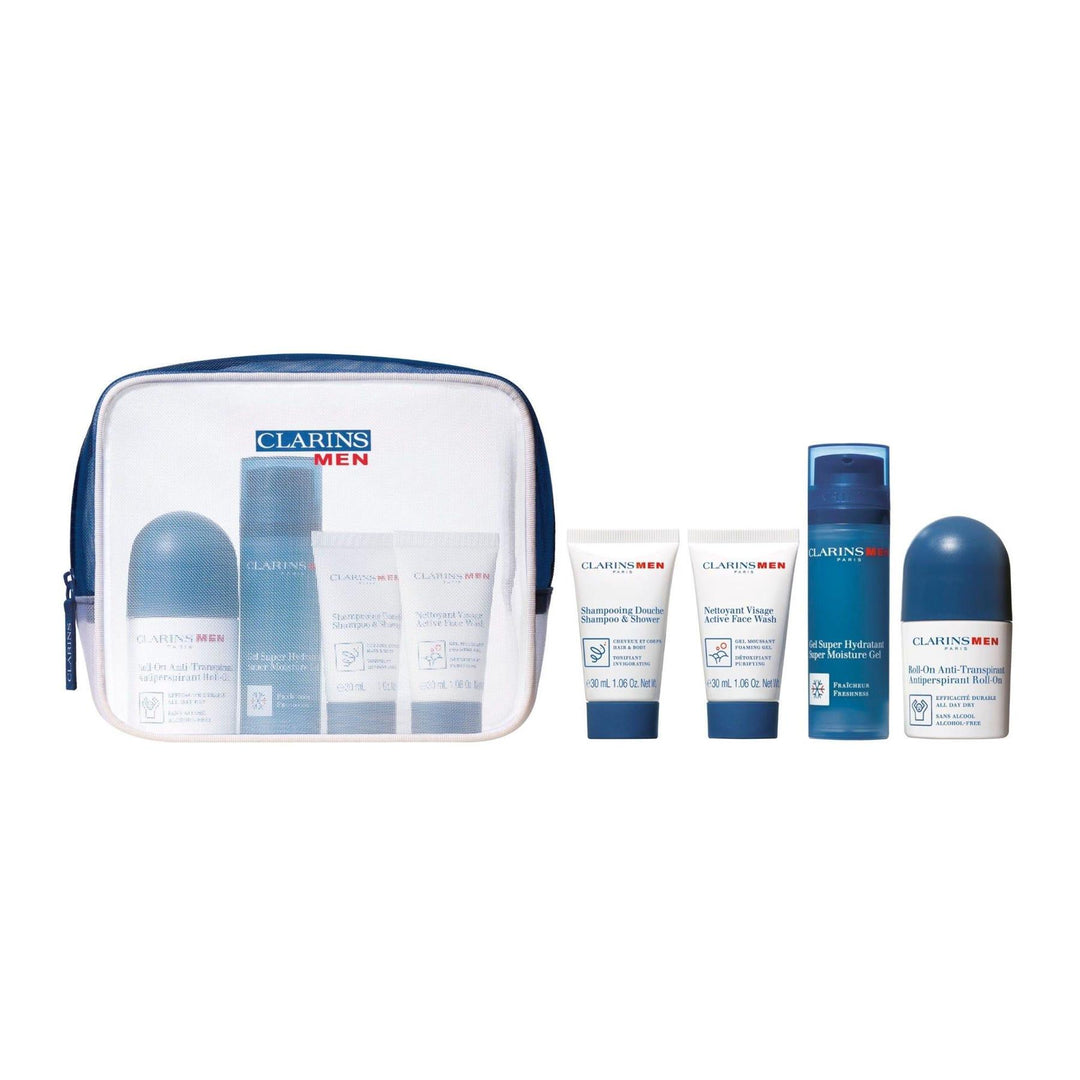 Clarins Men Essential Grooming Travel Set (4-Piece Kit) – Daily Hydration, Cleansing & Protection